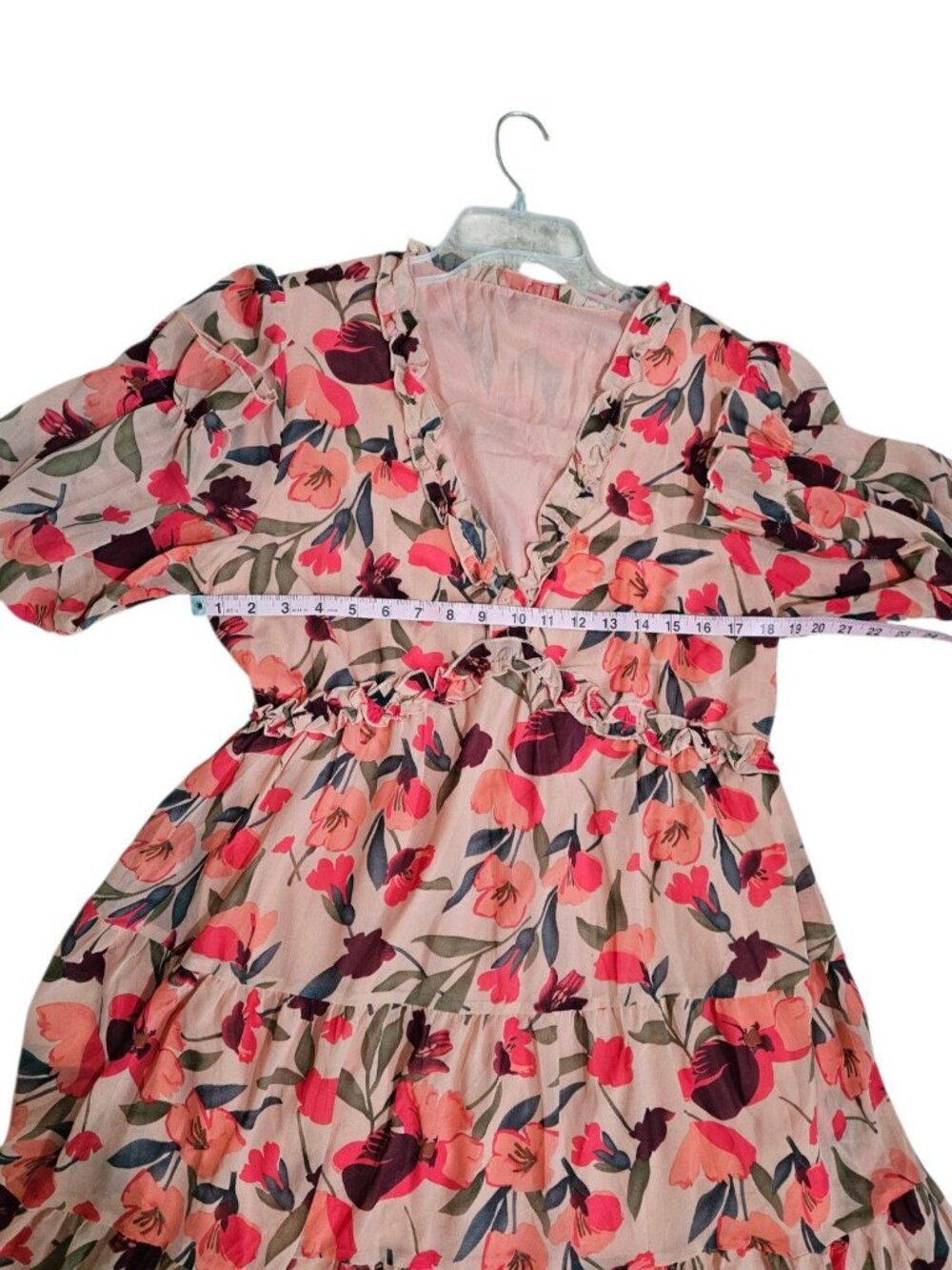 Boutique Womens L Maxi Dress Pink Chiffon Floral Tiered Gown Iconic Cottagecore - Picture 4 of 5